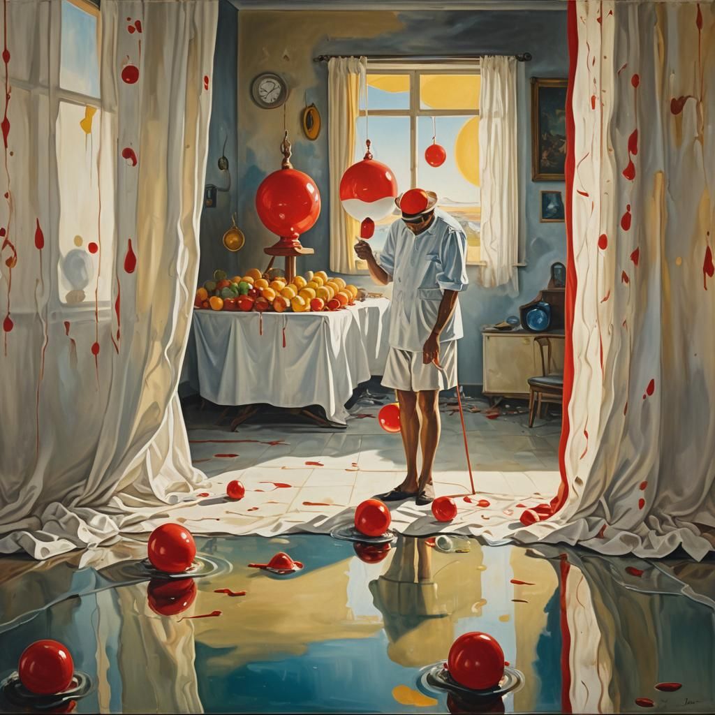 Surrealist Figure Searches for Fruit in Dreamlike Room