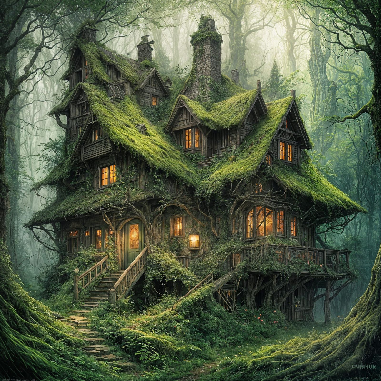 Dark Green Witch's Cottage in Forest, Comic Art