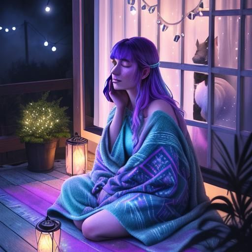 Girl with Kittens on Porch at Night in Watercolor