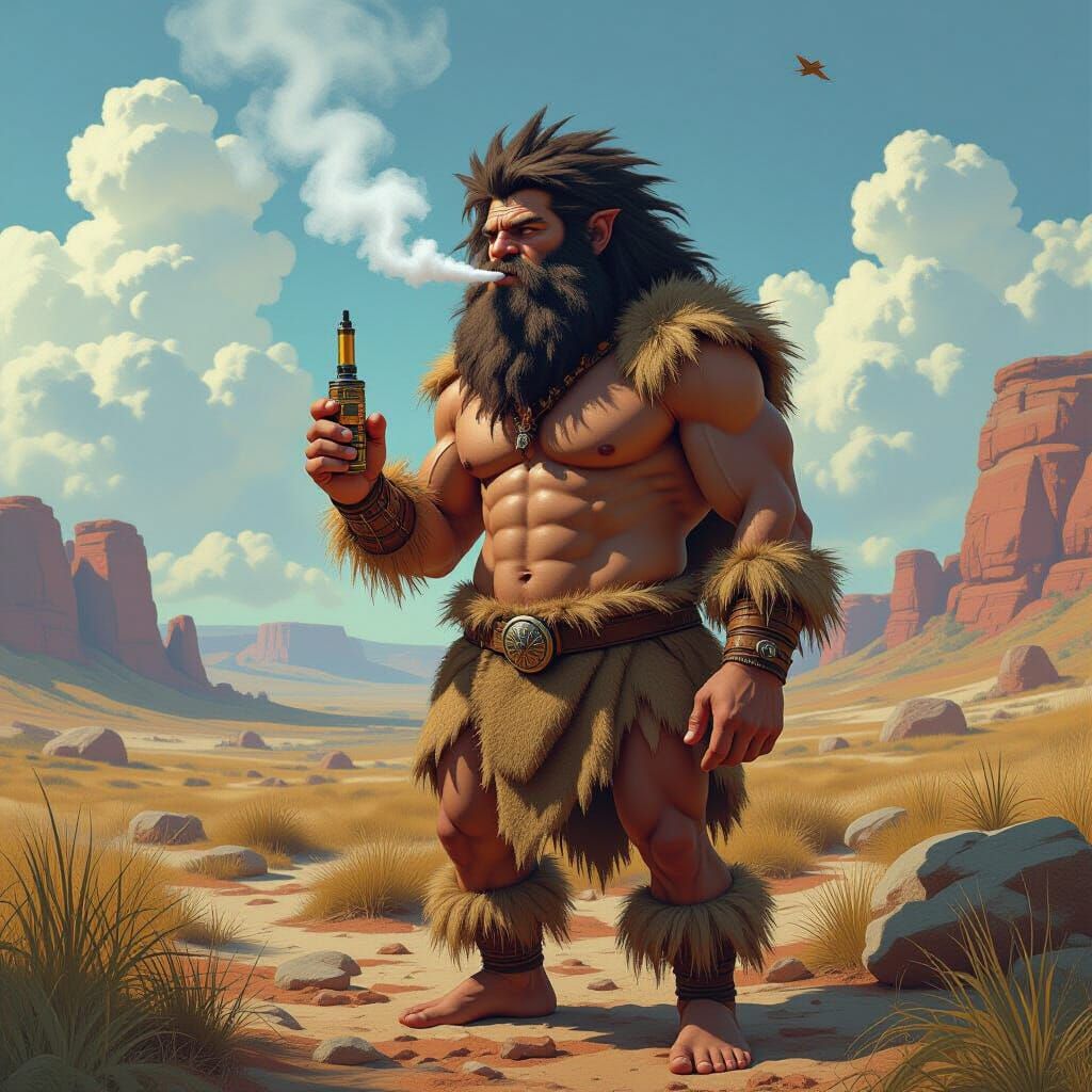 Caveman Vaping in Prehistoric Landscape as Digital Art