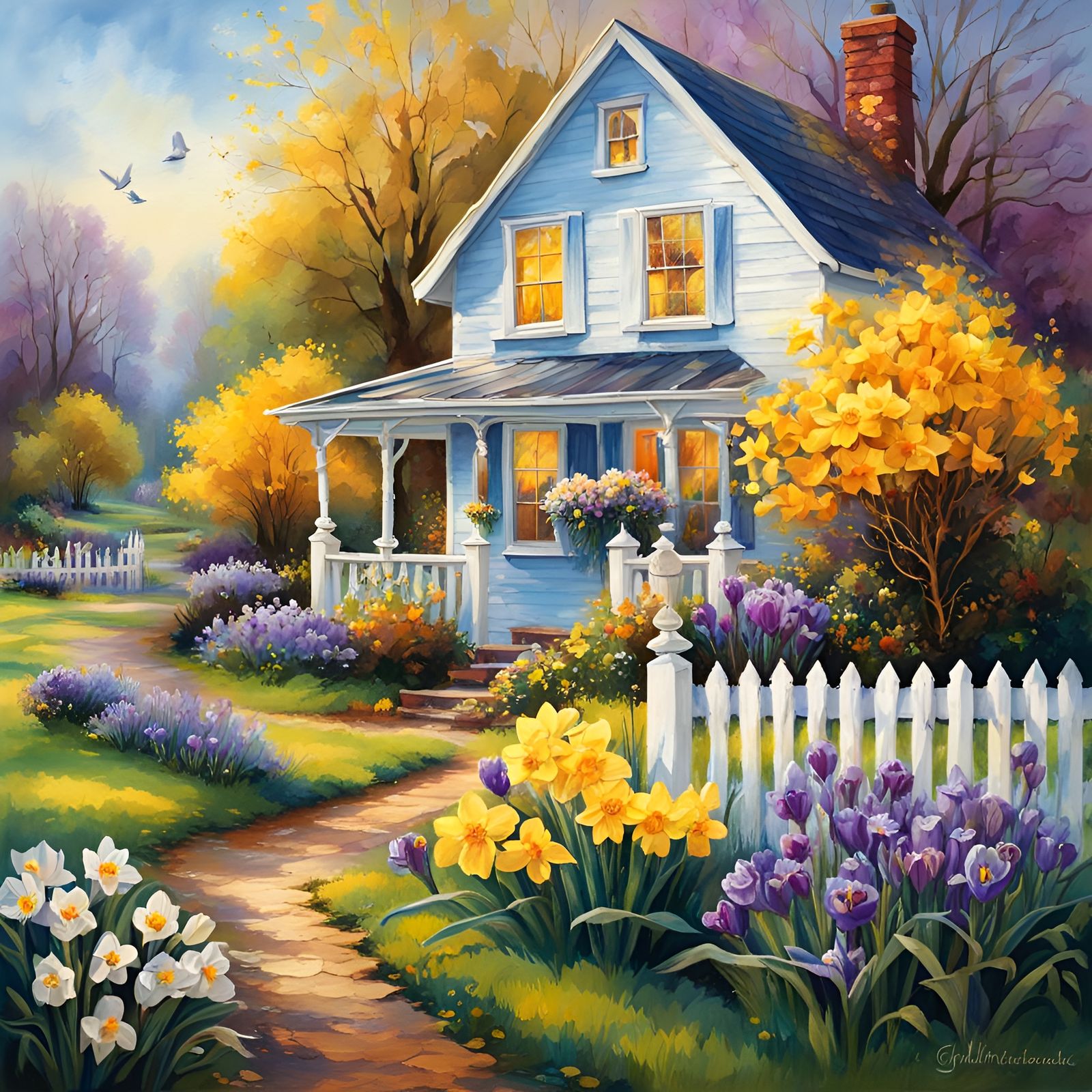 Spring Cottage Chalk Art Illustration