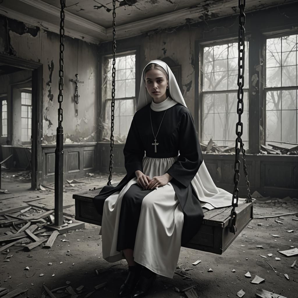 Nun on a Swing in Abandoned Room: Digital Matte Painting