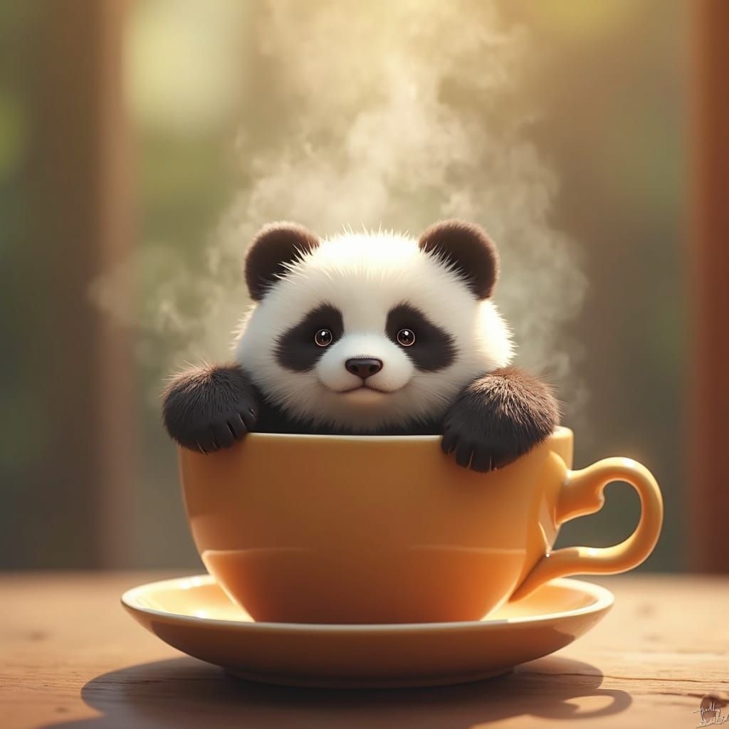 Adorable Kawaii Panda Relaxing in Steamy Tea Cup