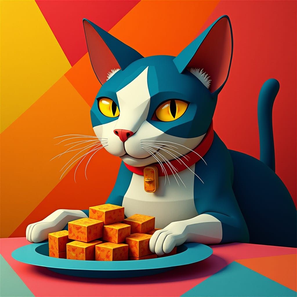 Cat Eating Geometric Food in Cubist Style