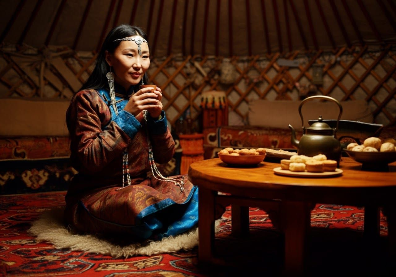 Mongolian Woman Portrait in Warm Atmospheric Lighting