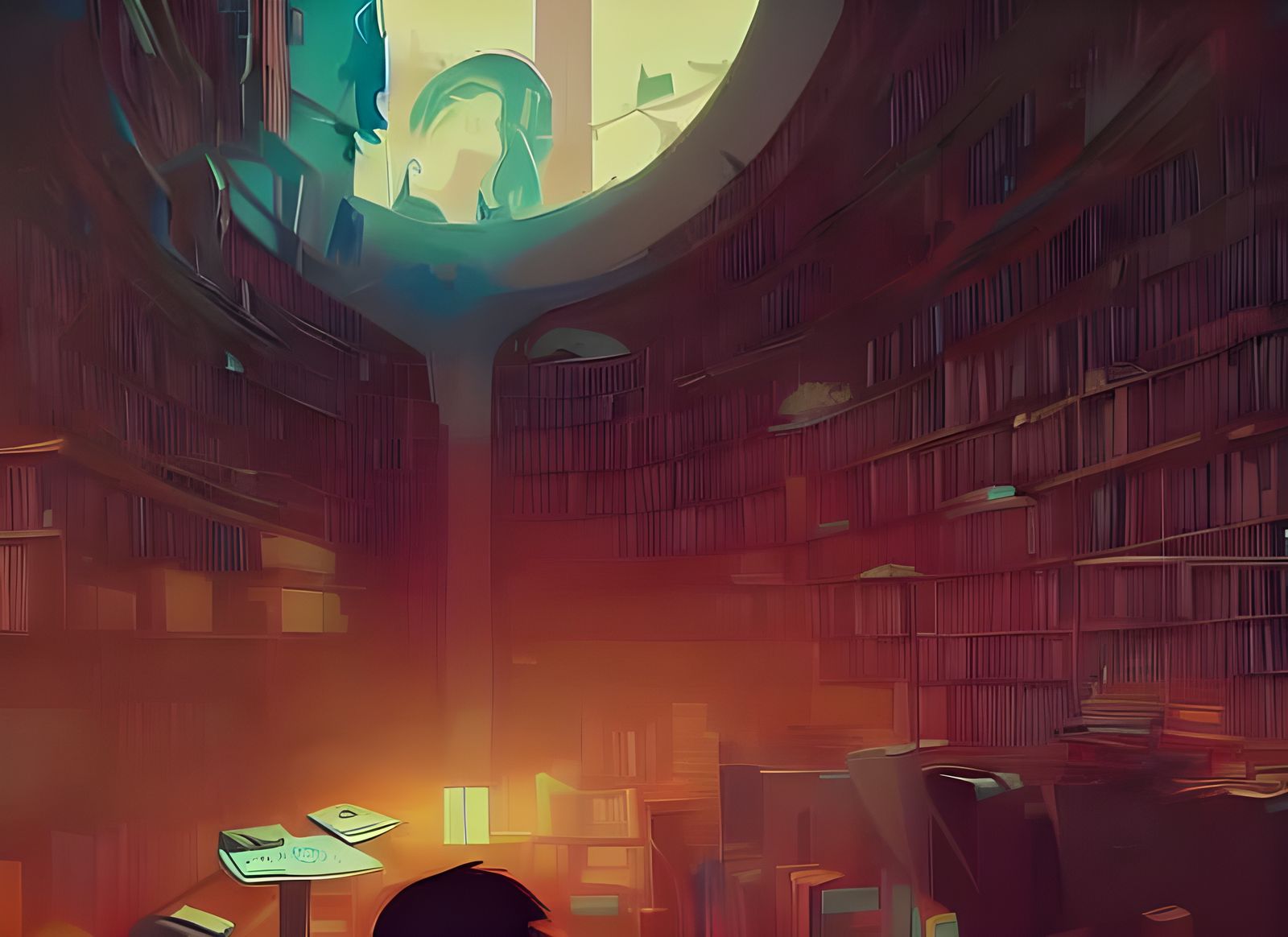 Anthropomorphic Library with Elemental Spirits, Digital Illu...