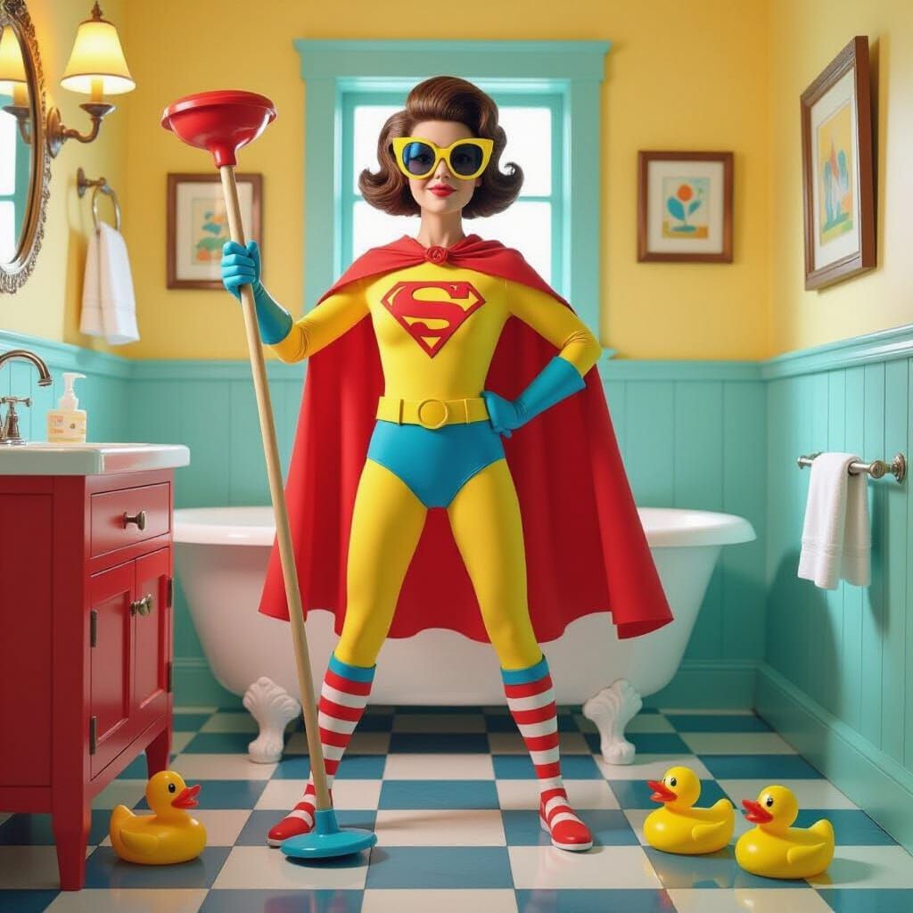 Bathroom Superhero with Plunger Sword, Quirky Digital Art