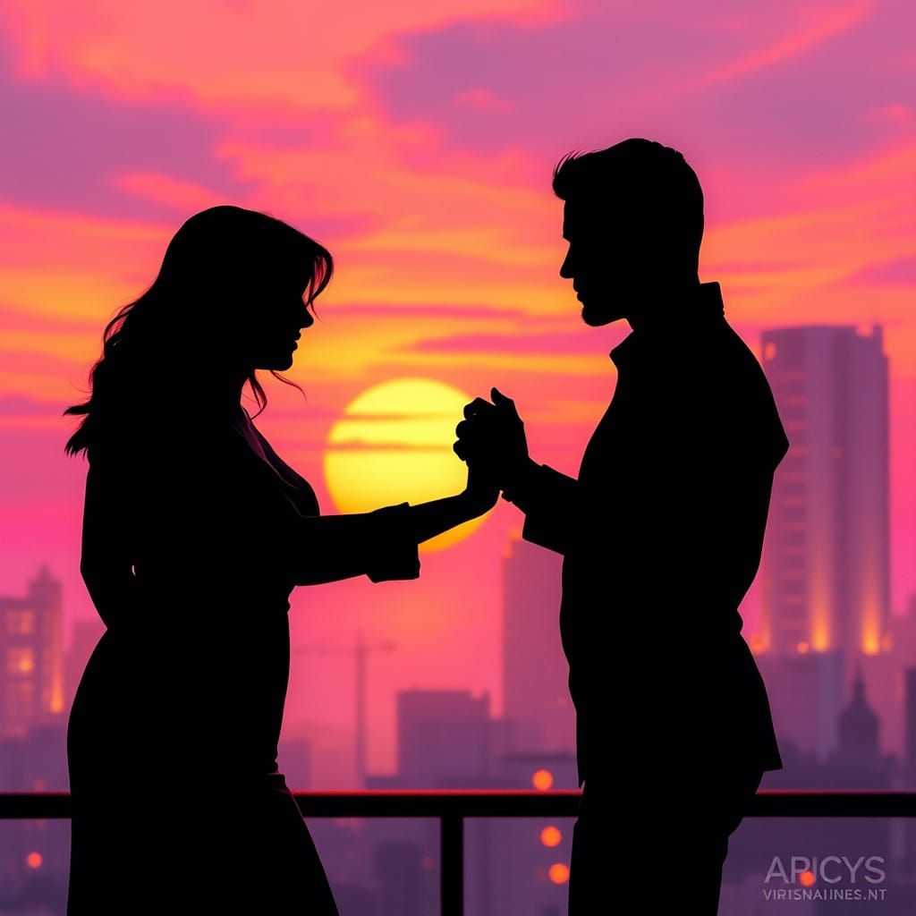 Romantic Couple Sways in a Vibrant Sunset Waltz