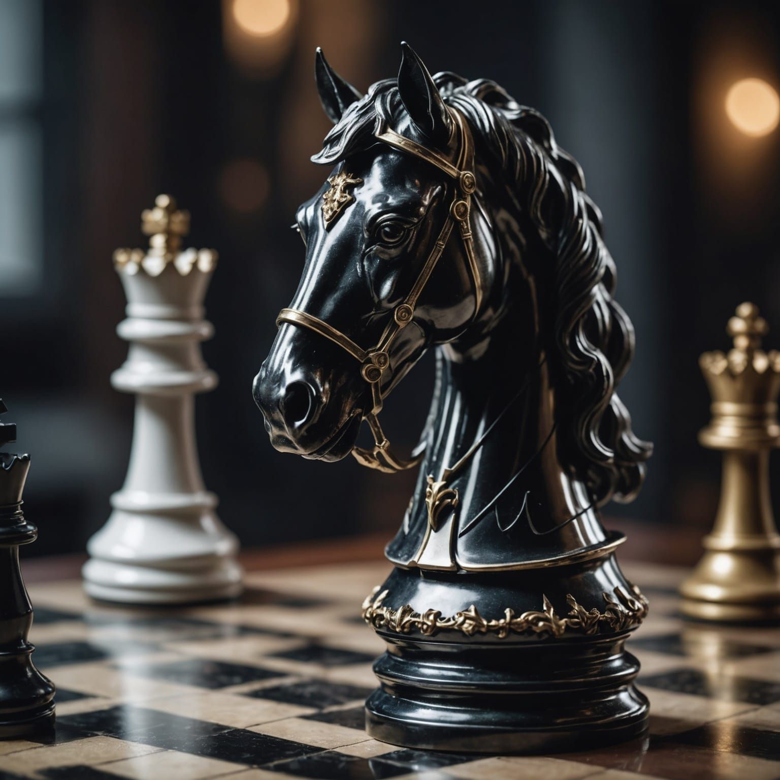 Chess Pieces: Black Knight and White Queen