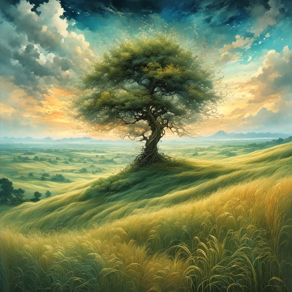 A scene of waving fields of tall grass with a lone tree against the skyline