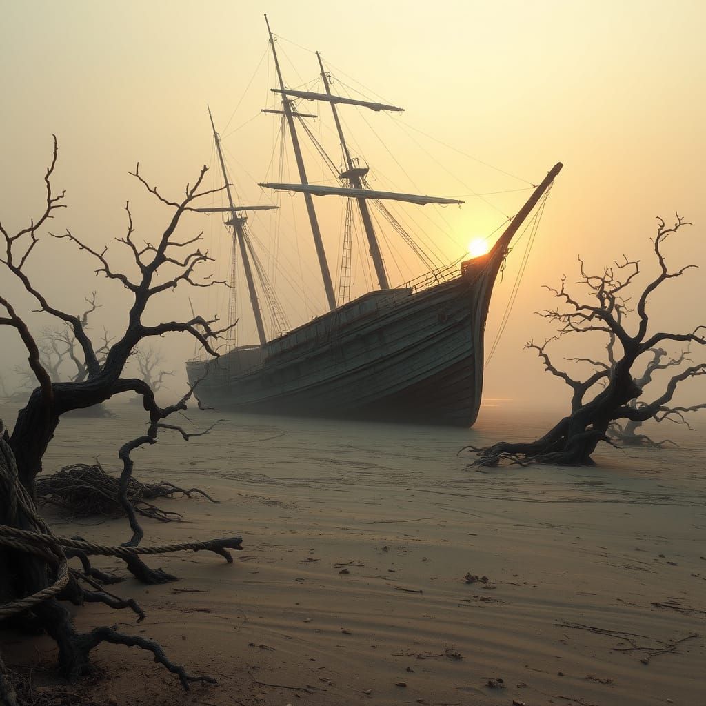 Weathered Sailing Ship on a Desolate Beach