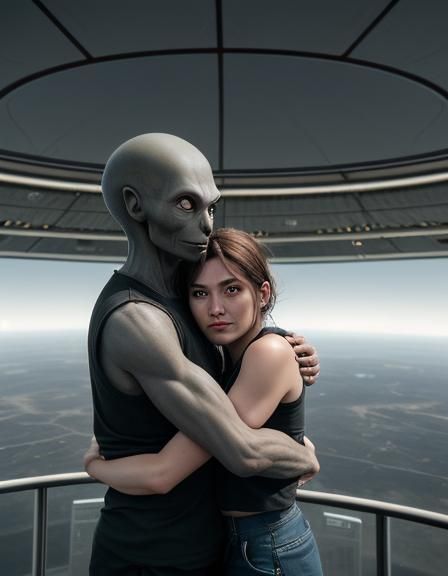 Woman and Alien Embrace at Spaceport in 8K