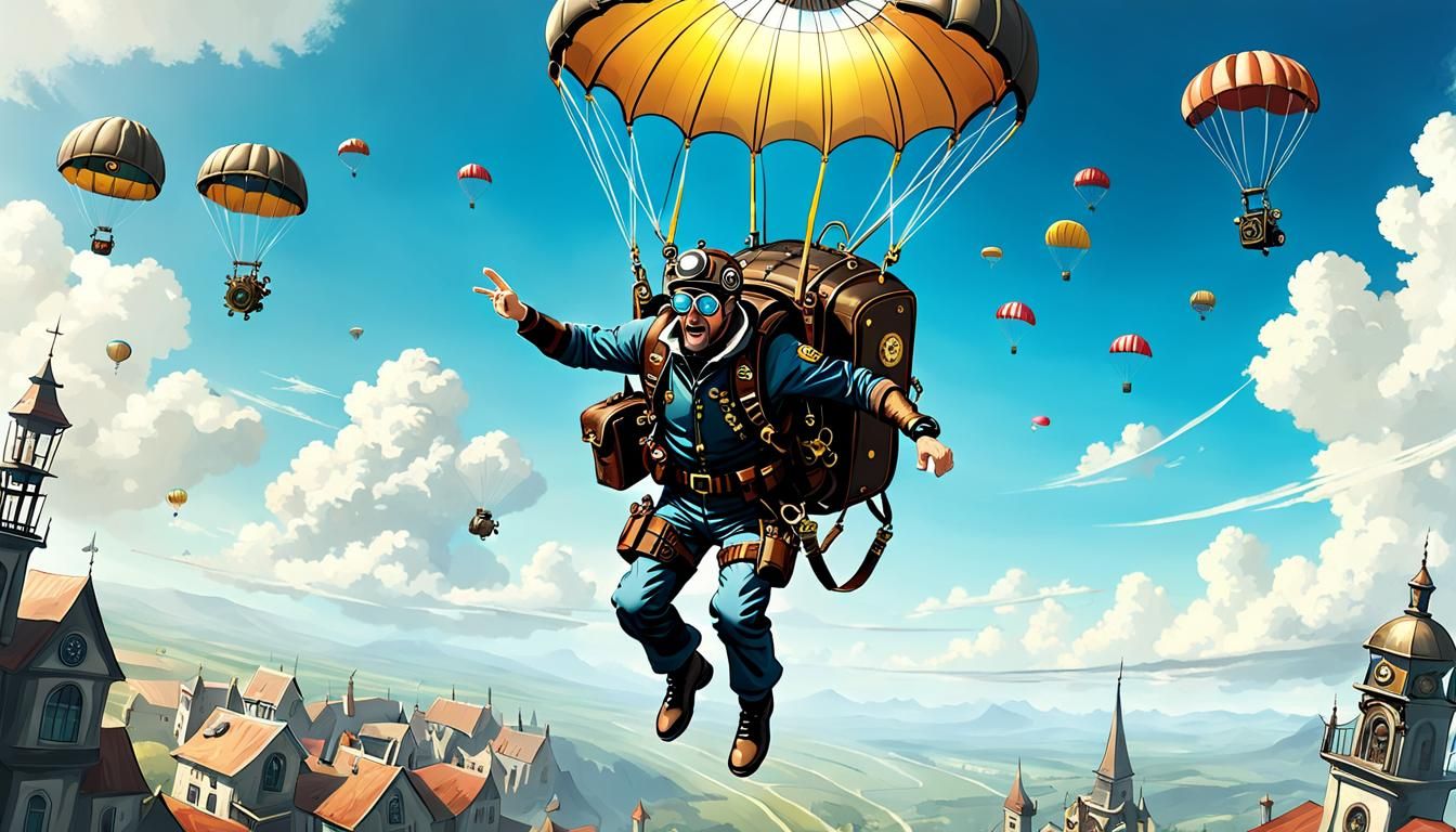 Steampunk Inventor Skydiving with Magic Parachute
