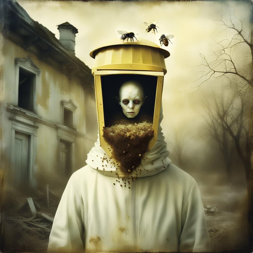 Surreal Beehive Head in Abandoned Landscape