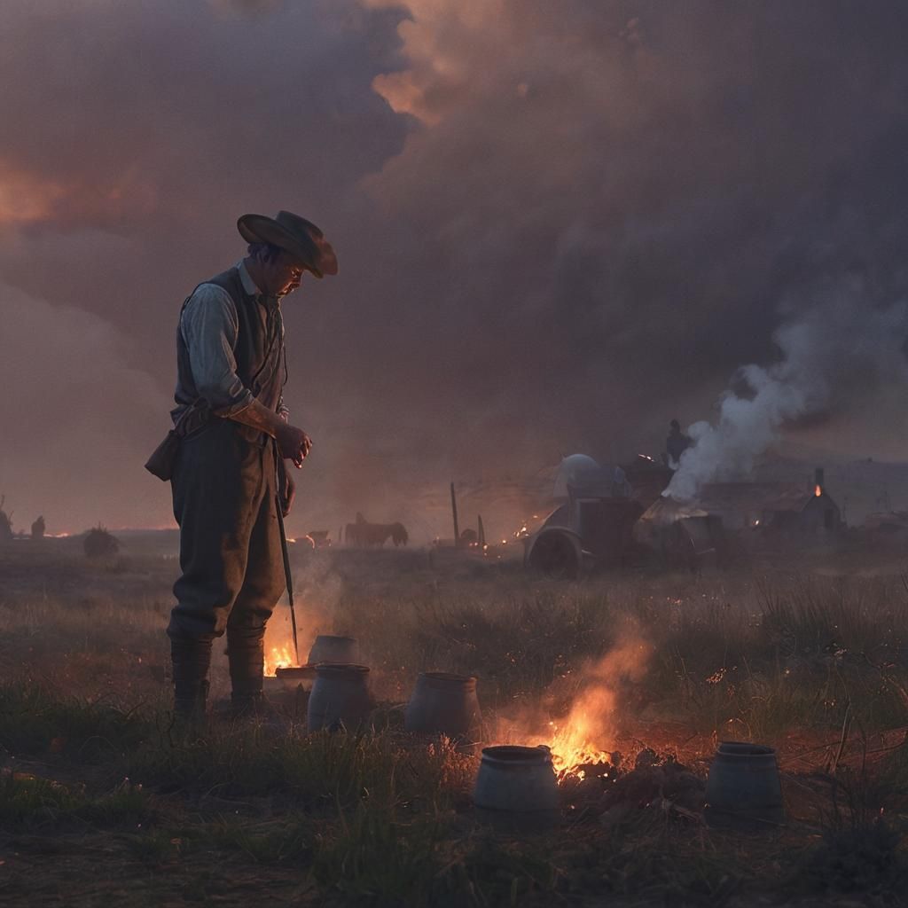 19th Century Farmers Battle Locusts in Smoky Landscape