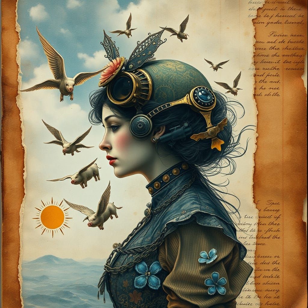 Steampunk Goddess Riding the Skies Amidst Whimsical Flying P...