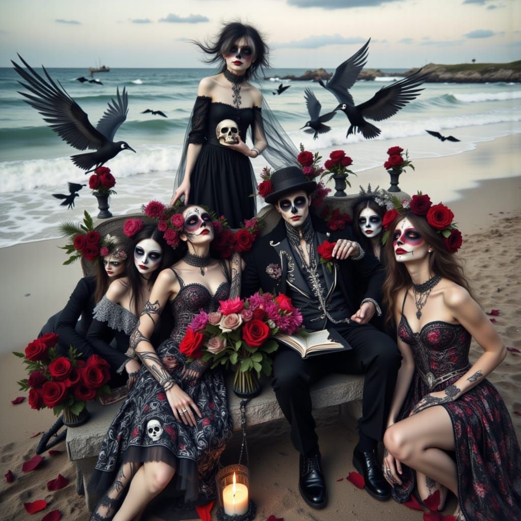Gothic Bride and Groom Celebrate Day of the Dead Beach Weddi...