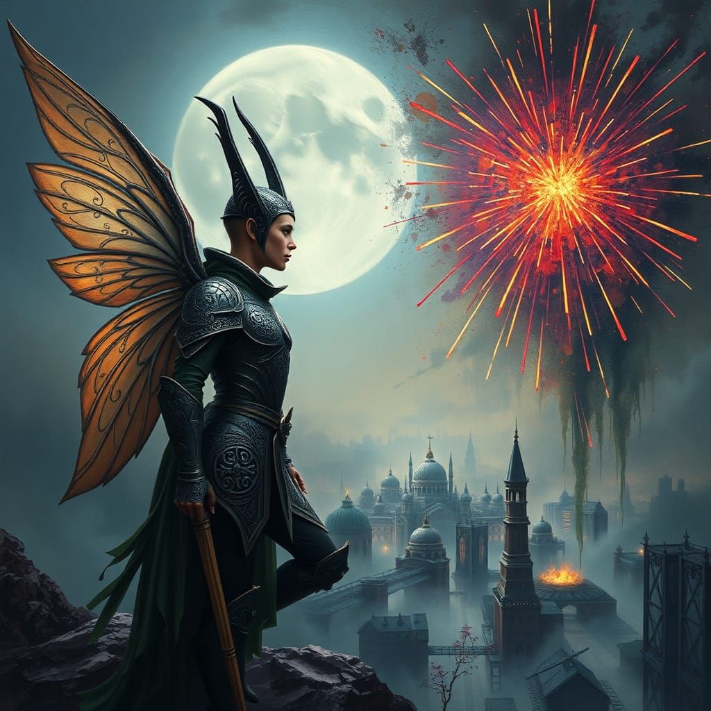 Fairy Elf Warrior in Dystopian Cityscape
