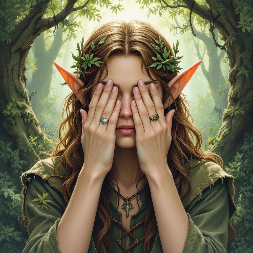 Elf in Mystical Forest Covers Eyes, Art Nouveau Style