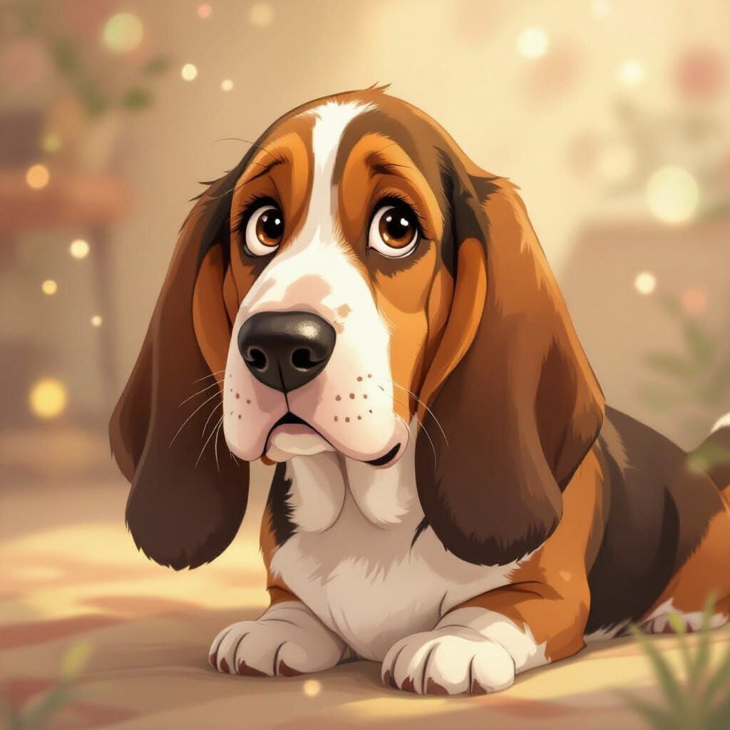 Droopy-Eared Basset Hound in Whimsical Illustration Style