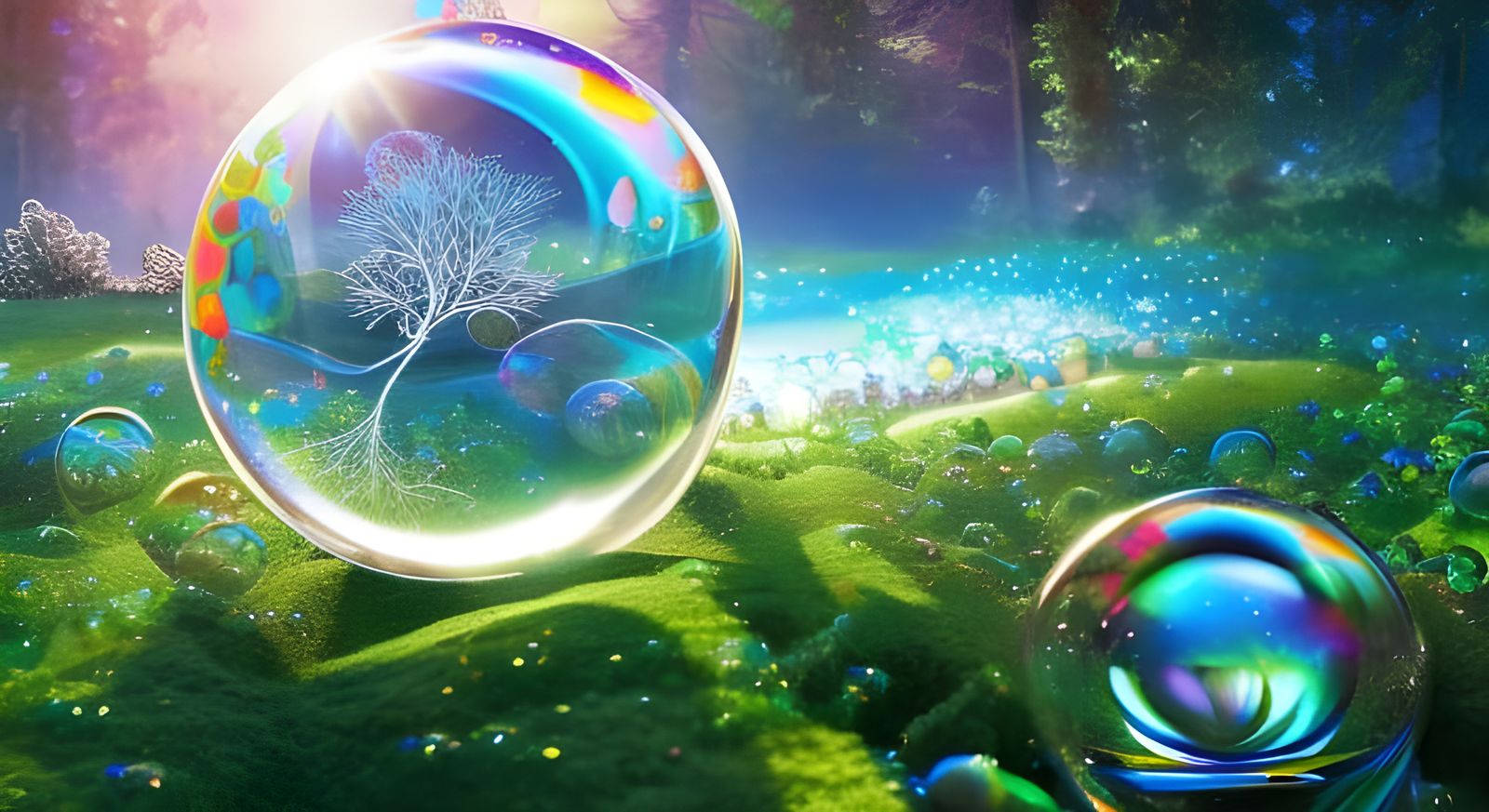 Reflective Soap Bubbles Reveal Hobbiton: Hyperrealistic Art