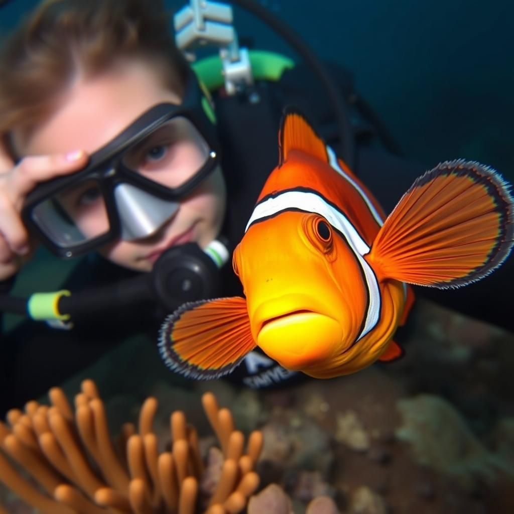 Clownfish Photobombing Underwater Diver: Close-Up