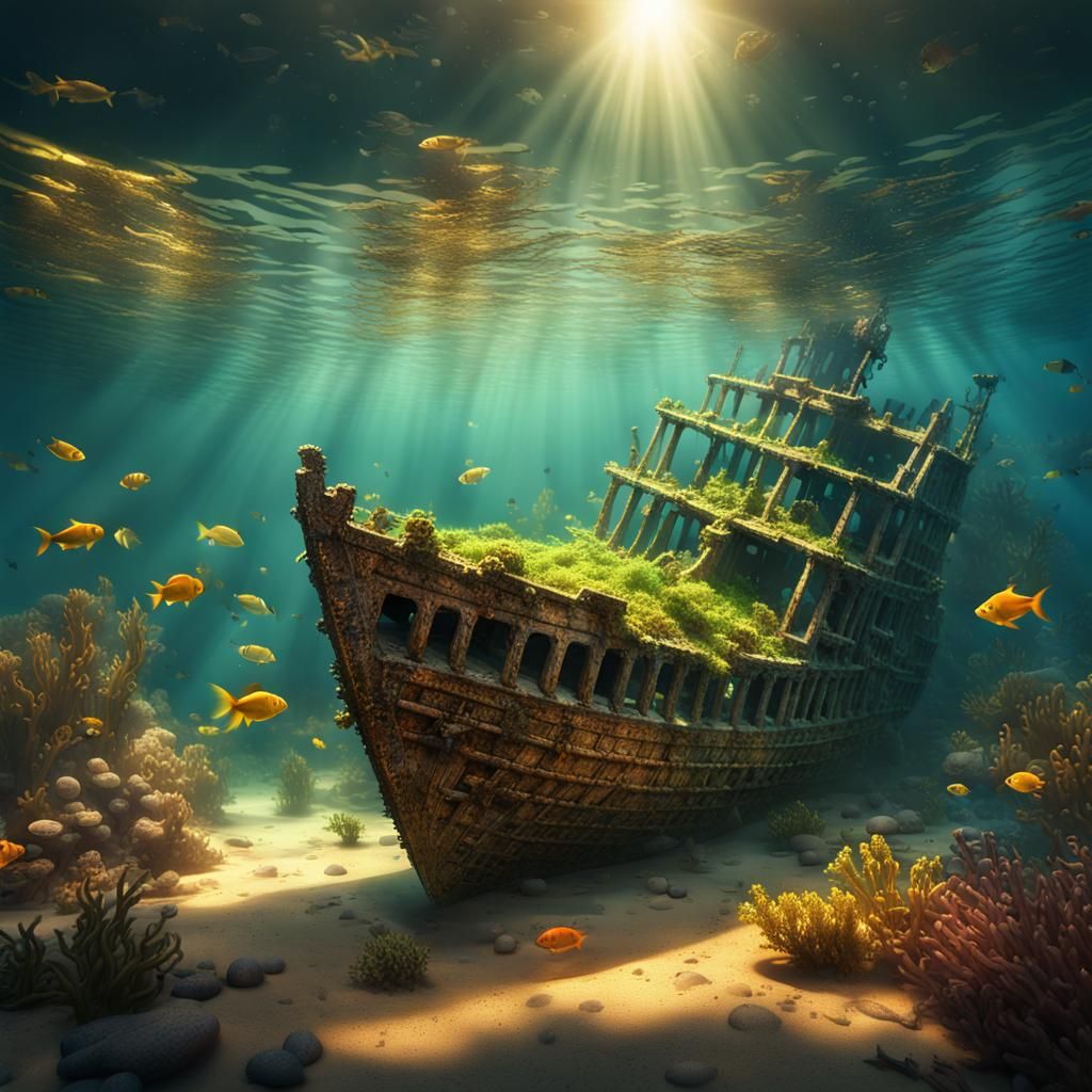 Sunken Shipwreck 3D Rendering in Golden Light