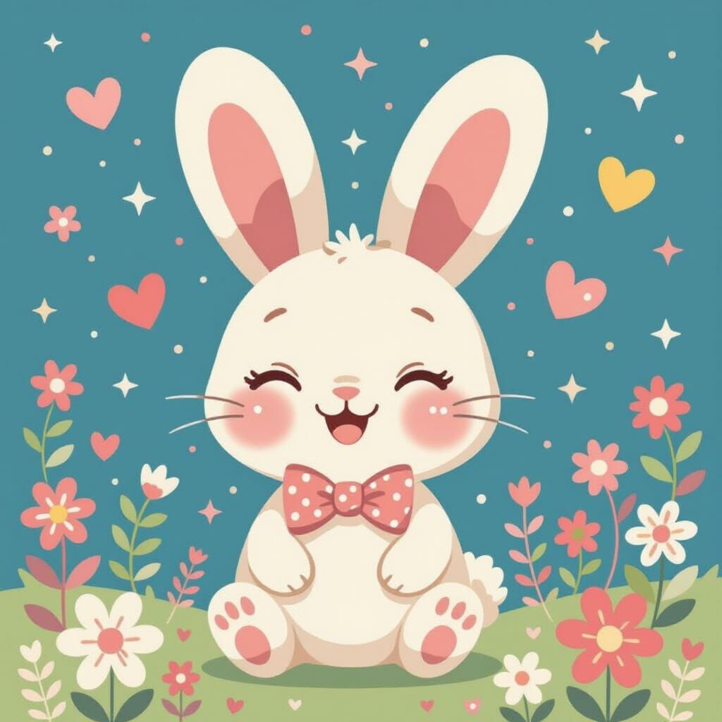 Laughing Bunny with Bow Tie in Kawaii Style
