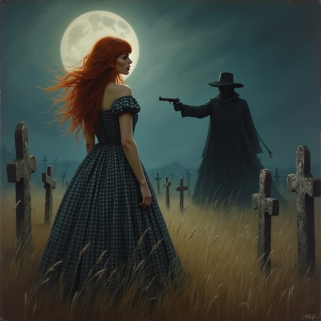 Frightened Woman Haunted by Gunman: Impressionistic Oil Pain...