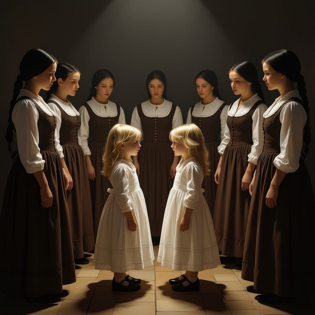 Girls in Old Dresses with Women in Chiaroscuro Style