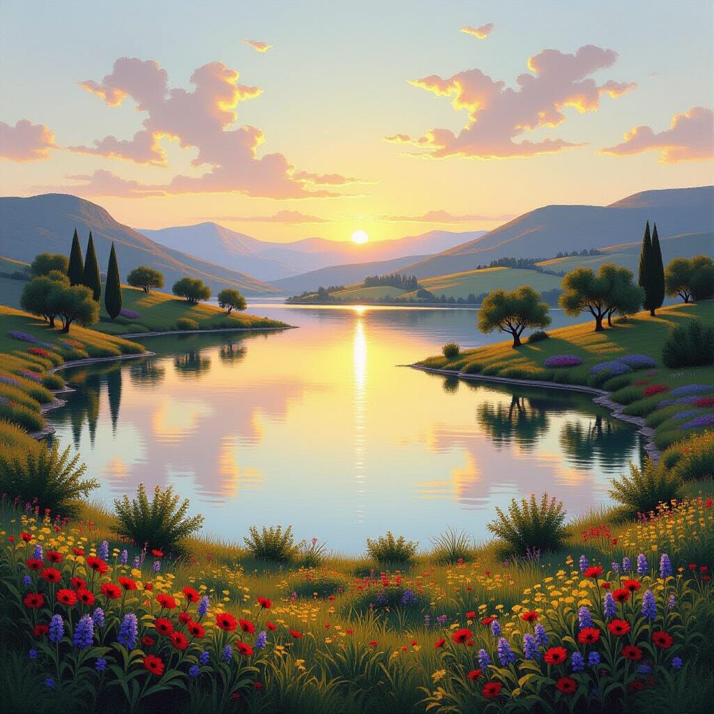 Heart-Shaped Lake at Dawn: Landscape Art