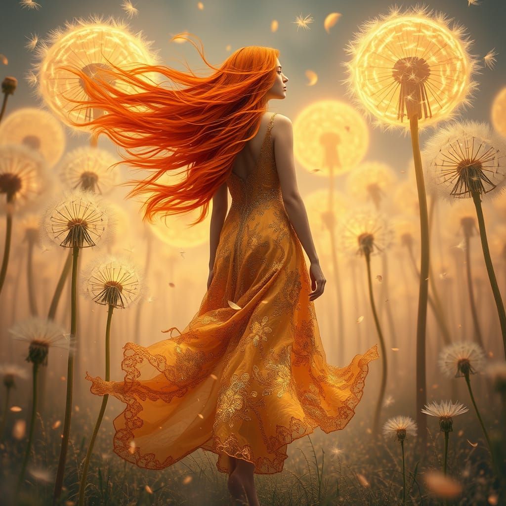 Woman with Fiery Hair Among Giant Dandelions