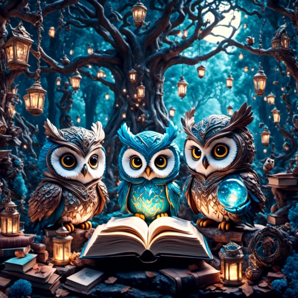 Chibi Owl Warriors in Enchanted Forest Library