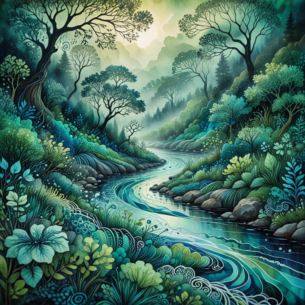 Intricate Zentangle River Landscape in Alcohol-Ink Style