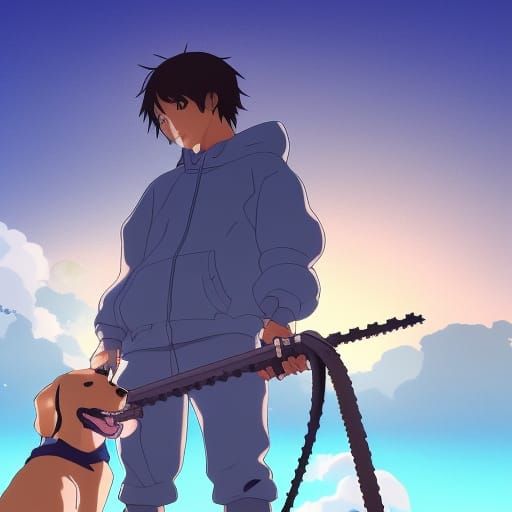 Anime Boy with Chainsaw and Dog in Ghibli Style