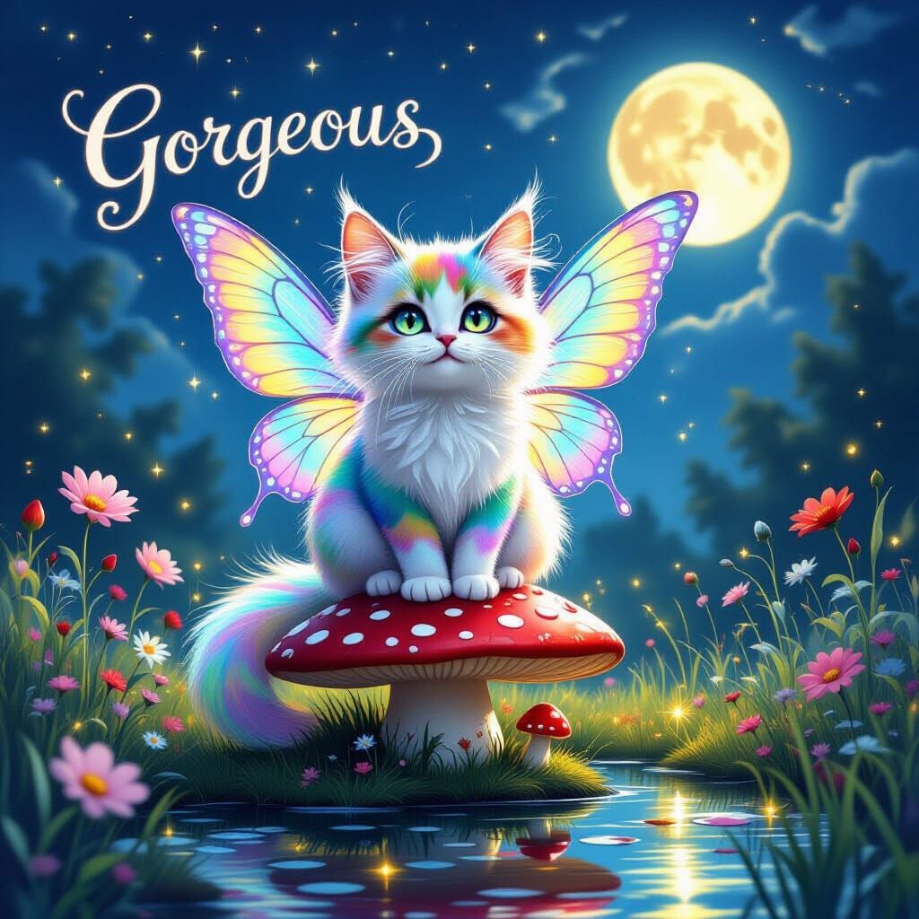 Rainbow Fairy Cat on Enchanted Mushroom