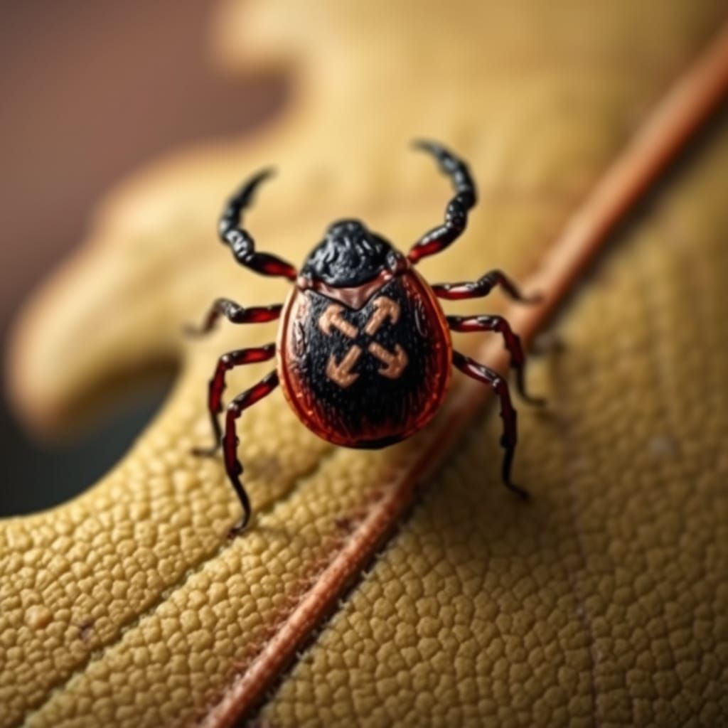 Tick with Cross Pattern on Oak Leaf, Hyper-Realistic Illustr...