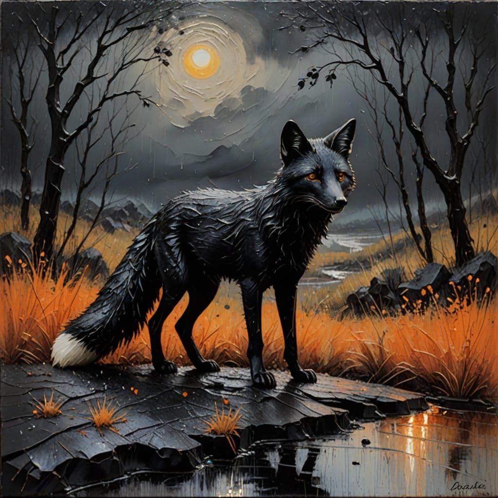 Black Fox in Rainy Twilight Landscape as Encaustic Painting