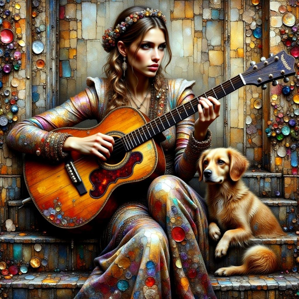 Vibrant Oil Painting of Happy Hippie Musician Girl with Dog
