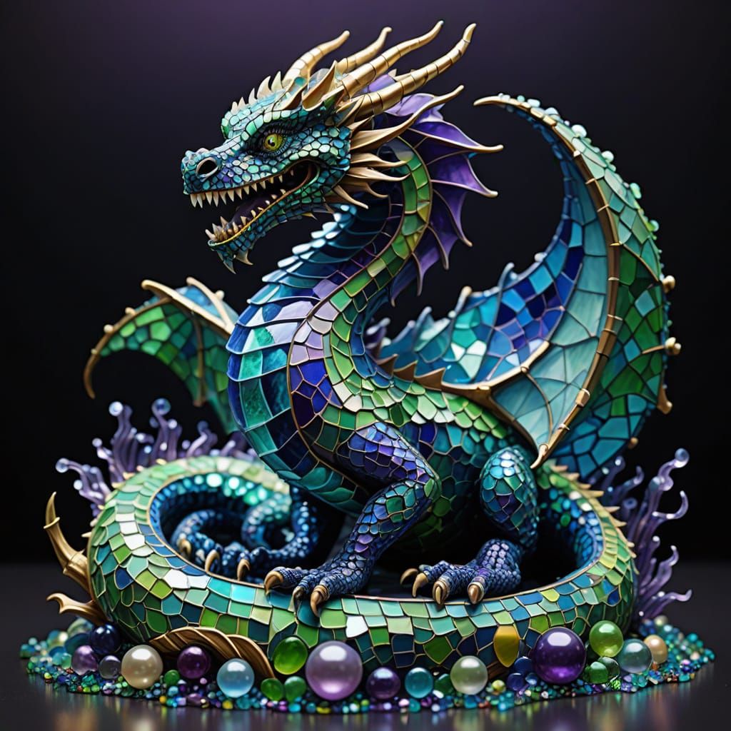 Sea Glass Dragon Mosaic Sculpture in 3D Render