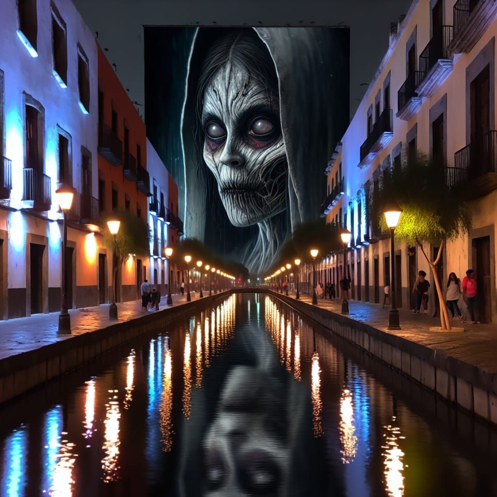 La Llorona Reflection in Mexican Canal at Night