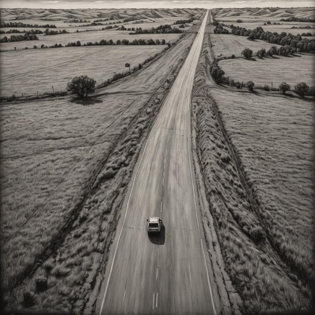 Highway East of Omaha: Hyperdetailed Charcoal Drawing