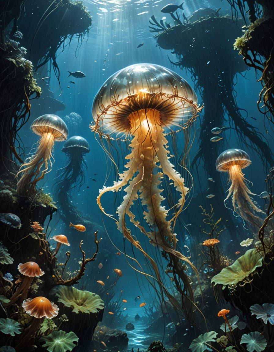 Jellyfish in Kelp Forest, Painterly Comic Style