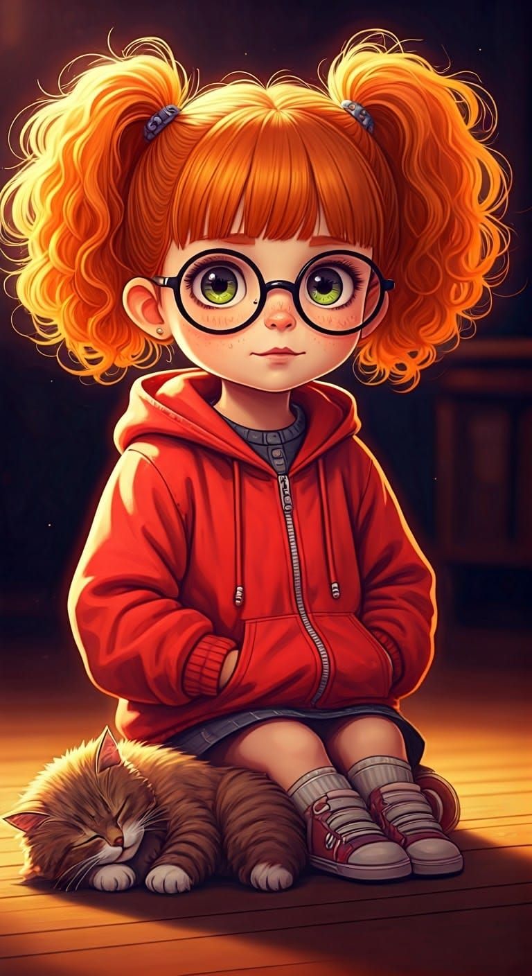 Girl with Orange Pigtails: Thin Line Art Portrait