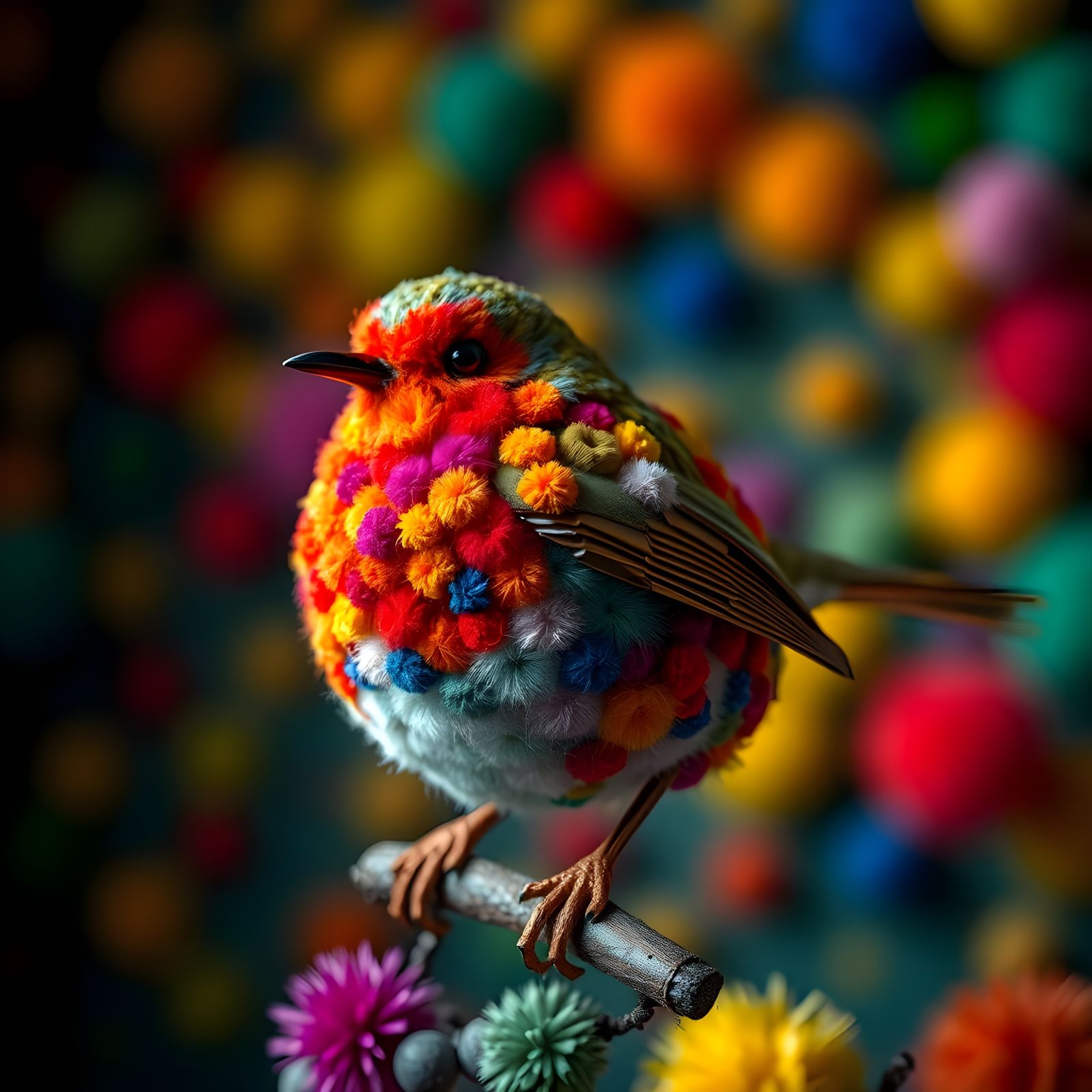 Hyper-Realistic Robin Made of Pom-Pom Balls