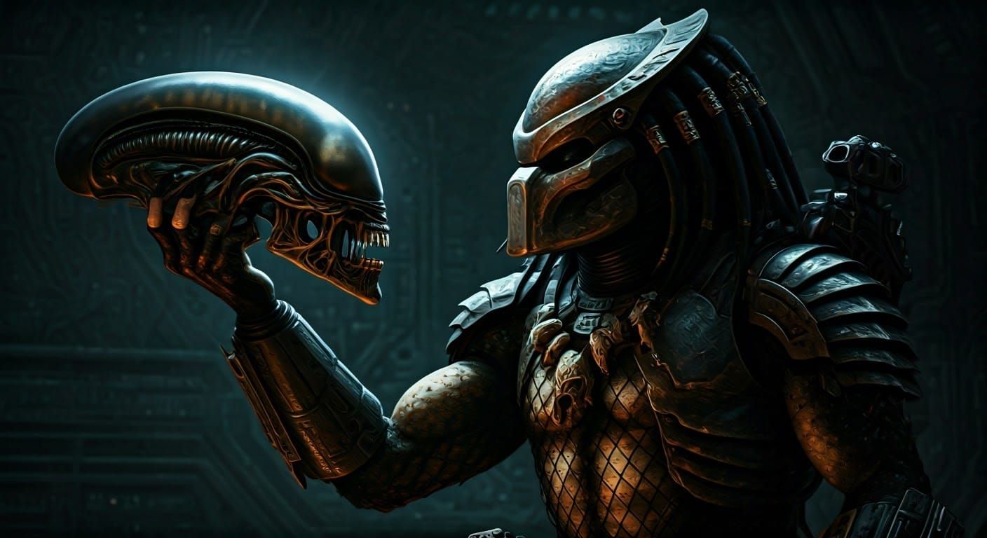 Dark Sci-Fi Epic: Predator Contemplates Alien Skull