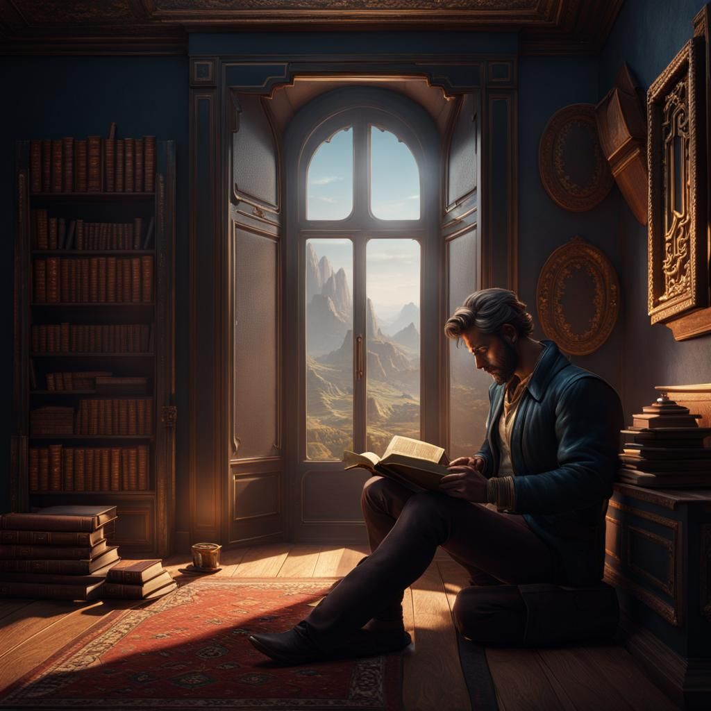 Contemplative Man in Room: Detailed Matte Painting