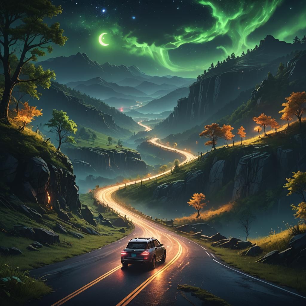 Ozark Mountain Road Trip at Night: Fantasy Illustration