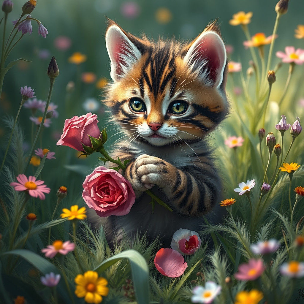 Kitten Cradling Rose in Whimsical Meadow