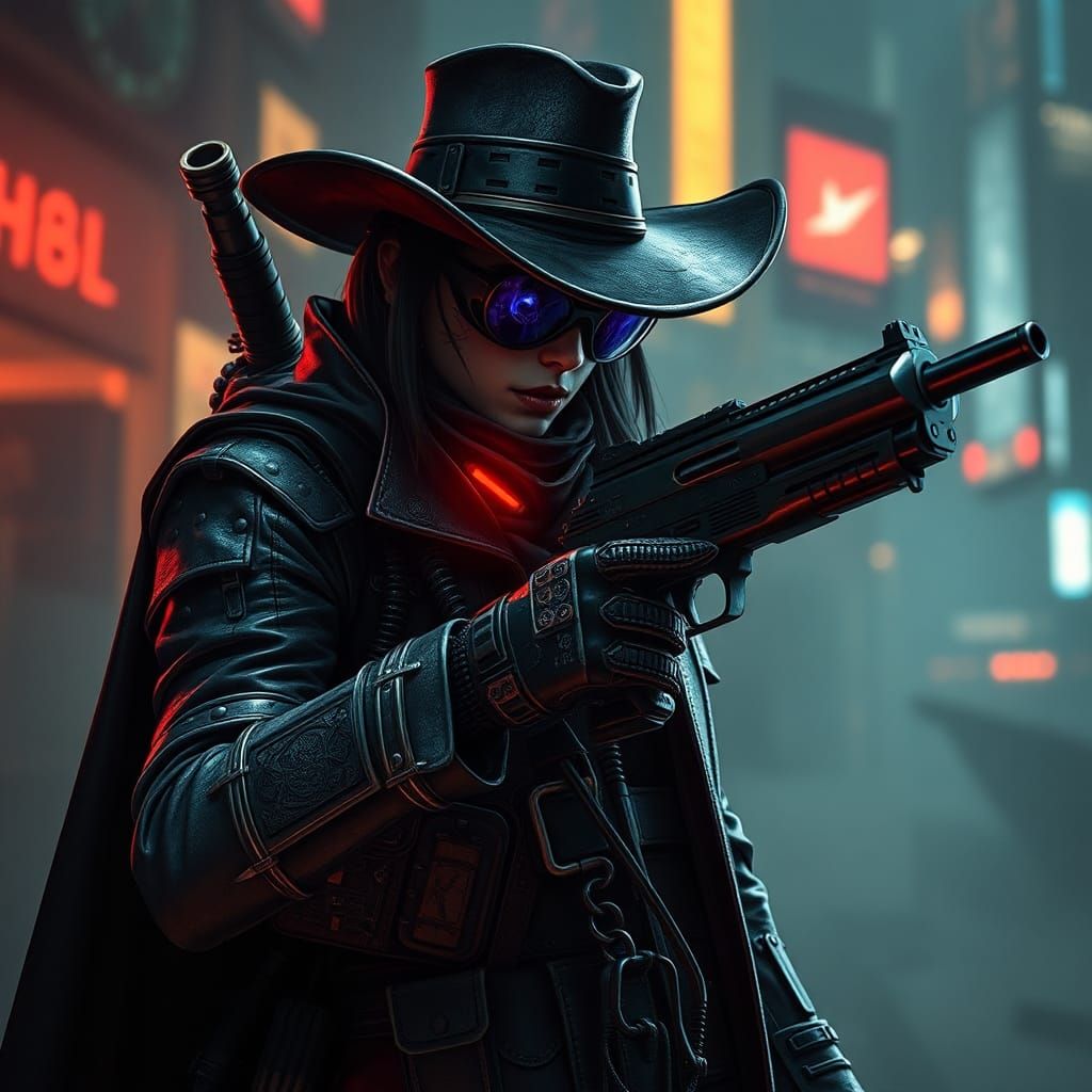 Gothic Cyberpunk Gunslinger with Cybernetic Enhancements